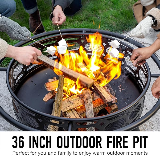 Florise 36 Inch Fire Pit Outdoor Wood Burning Firepit with Removable Grill &amp Poker Heavy Duty Metal Round Fireplace2 in 1 Large Bonfire for OutsideBBQYardPatio