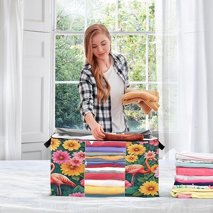 Burbuja 2 Pack Storage Bag Organizer with Handles for Clothes Blankets Bedding Floral Flamingos Foldable Storage Bag with Zipper &amp Clear Window 95L