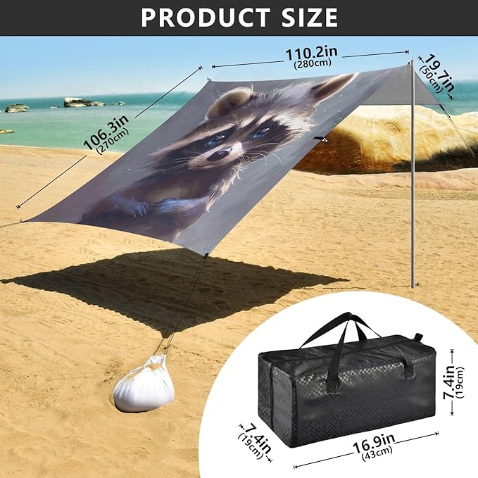 ALAZA Cute Raccoon Baby Animal Beach Tent Sun Shelter UPF50+ Protection Beach Shade Canopy w/ 4 Sandbags for Outdoor Camping Fishing Backyard Fun Picnic 10x9 ft