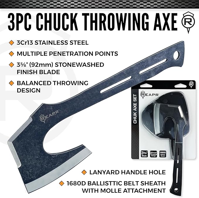 Reapr CHUK 3-Piece Throwing Axe Set – 11 Full-Tang Tactical Tomahawks with Dual-Edge Blades Stonewashed Finish Nylon Sheath with MOLLE – Outdoor Recreation Camping (3 Piece Chuck Throwing Axe)