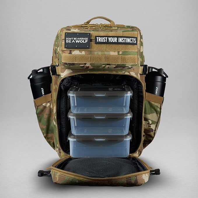 45L Meal Prep Management Backpack | with Built-in Cooler Easily Store and Carry Food Containers | Extra Large Military Rucksack for Gear Water Resistant Travel &amp Gym Bag (OCP Camo)