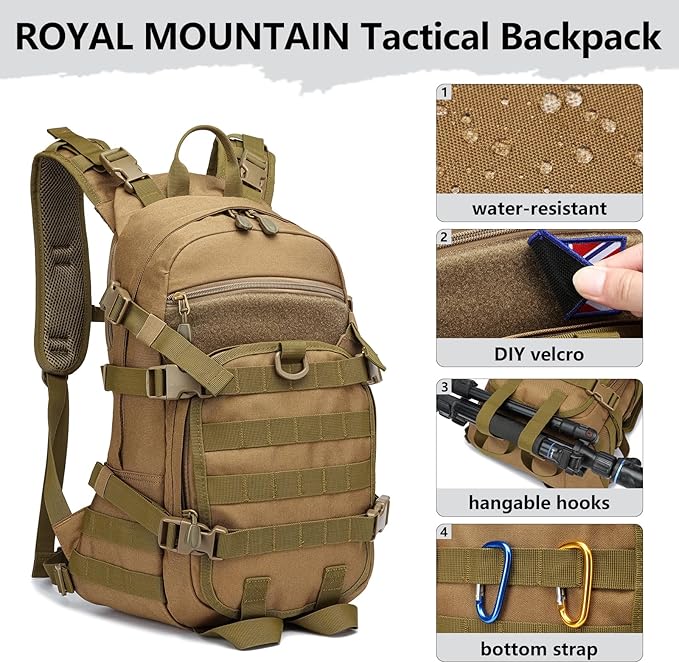 25L Small Tactical Backpack For Men Military Waterproof Backpack With Multiple Pockets 3-Day Bug Out Bag Molle Military Backpacks For Camping Hiking Traveling (Khaki)