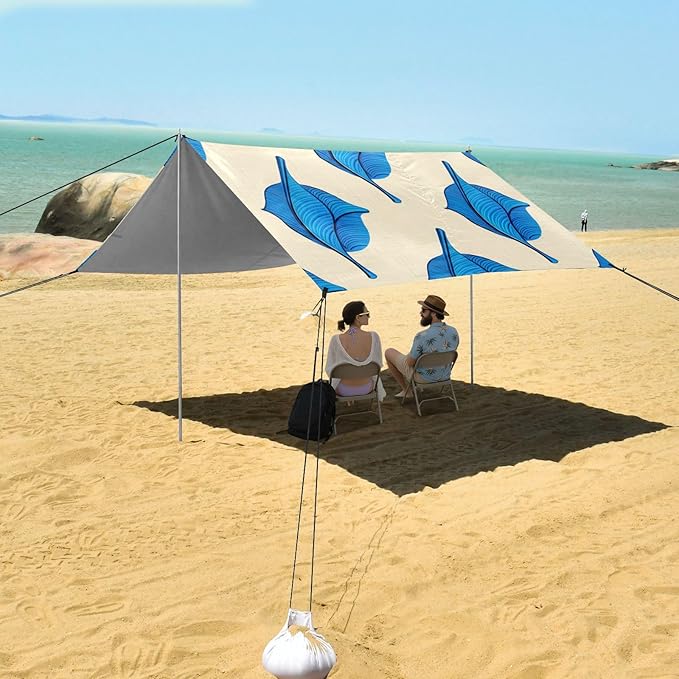 Beach Canopy with Windproof Ropes &amp Sandbags Beach Tent Sun Shade Sun Shelter for Camping Trips Fishing Backyard Fun or Picnics Leaves