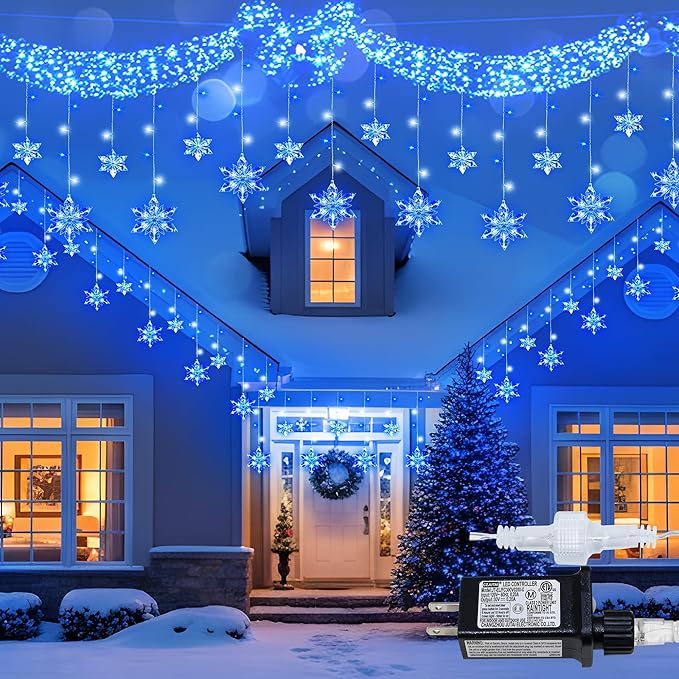 Snowflake Icicle Lights Outdoor 8.2ft 144 LED Connectable Xmas Hanging String Light Plug in Christmas Snowflake Lights for House Eaves Window Roof Yard Fence Decor White and Blue