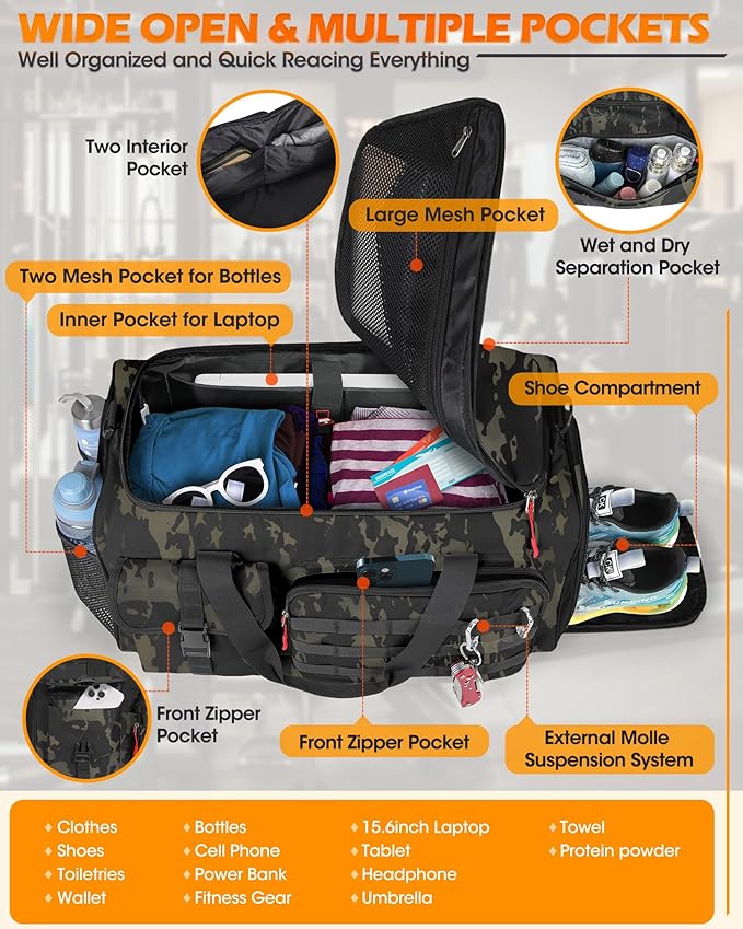 RAINSMORE Gym Bag for Men 45L Sports Travel Duffel Bag with Shoe &amp Laptop Compartment Gym Workout Backpack Carry On Weekender Bag Overnight Backpack for Travel Green Camo