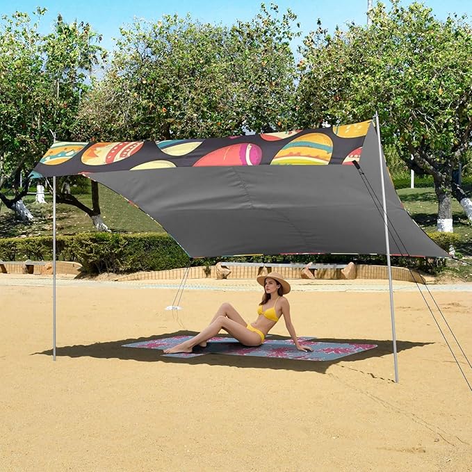 ALAZA Colorful Easter Egg Happy Easter on Black Beach Tent Sun Shelter Portable Canopy Sunshade for Outdoor Camping Picnics Backyard Fun 10x9 ft