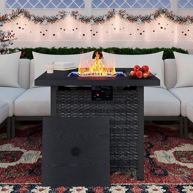 Sundale Outdoor 28 Inch Outdoor Fire Pit Table 50000 BTU Propane Fire Pits with Rain Cover Glass Stones and Lid Wicker Gas Fire Pit for Outside Patio and Garden CSA-Listed