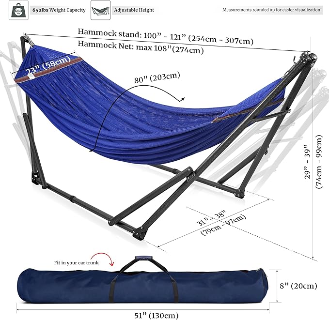 Tranquillo Universal Hammock 600 lbs Capacity Instant 20s Foldable Hammock Stand 3-Year Warranty Hammock with Stand 2 Person Camping Hammock Revolutionary Portable No Screws Premium Blue