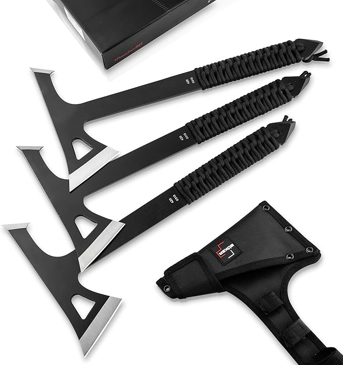 BÖKER PLUS® Mohican - Throwing Axe Set of 3 Black - Double Axe Made of 3Cr13 Steel with Sheath - Bushcraft Camping Outdoor &amp Survival Axe - Hatchet Axe Kit for Throwing Training