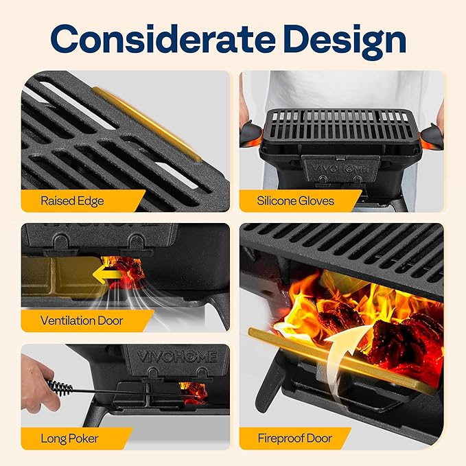 VIVOHOME Rectangle Cast Iron Charcoal Grill with Double-Sided Grate Portable Outdoor BBQ Grill Compact Tabletop Grill Stove (Note: The charcoal grid is made of stainless steel not cast iron)