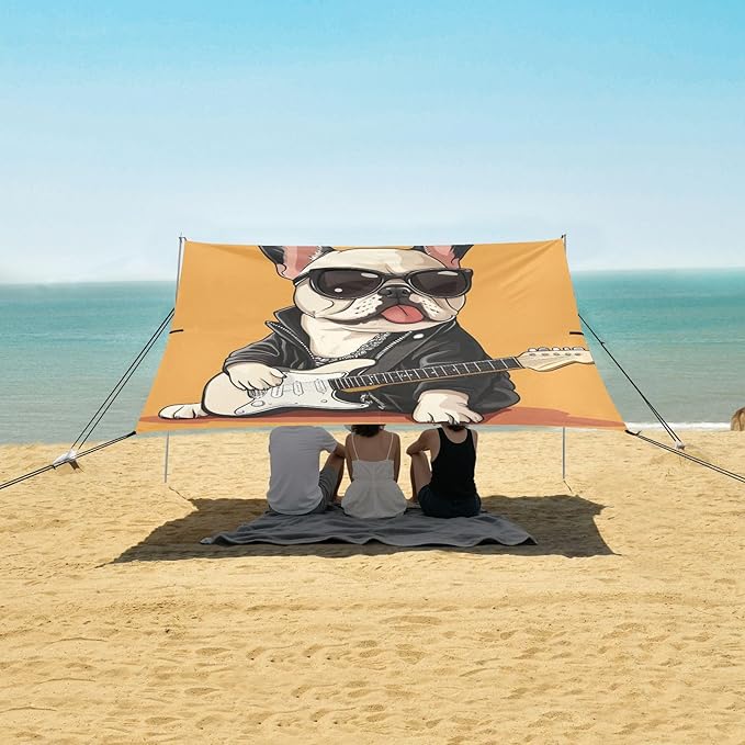 ALAZA Cartoon Rock and Roll French Bulldog Beach Tent Sun Shelter Portable Canopy Sunshade for Outdoor Camping Picnics Backyard Fun 10x9 ft