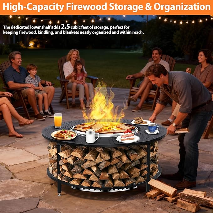 48.5 Inch Universal Fire Pit Surround Tabletop for Solo Stove Yukon &amp Tiki 27.5 Outdoor Patio Stand with Firewood Storage Shelf Heavy Duty Steel 200LB Capacity