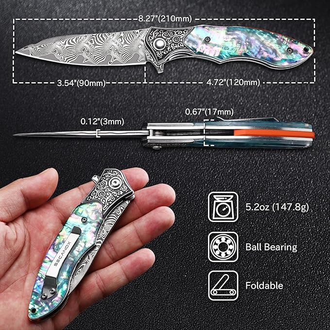 Damascus Pocket Knife for Women 3.54 Sharp Damascus Steel Blade and Abalone Shell Handle EDC Folding Knives for Camping Hiking