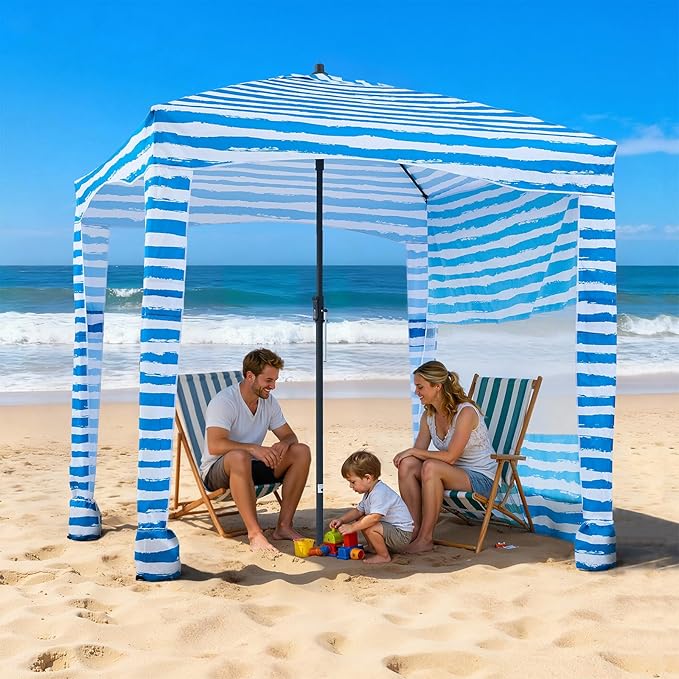 VEVOR Beach Cabana 6 x 6 ft Beach Canopy with Side Wall UPF 50+ Protection Easy Setup Cabana Tent with Sand Pockets Portable Shade Sun Shelter Umbrella for Whole Family &amp Friends Blue Stripes