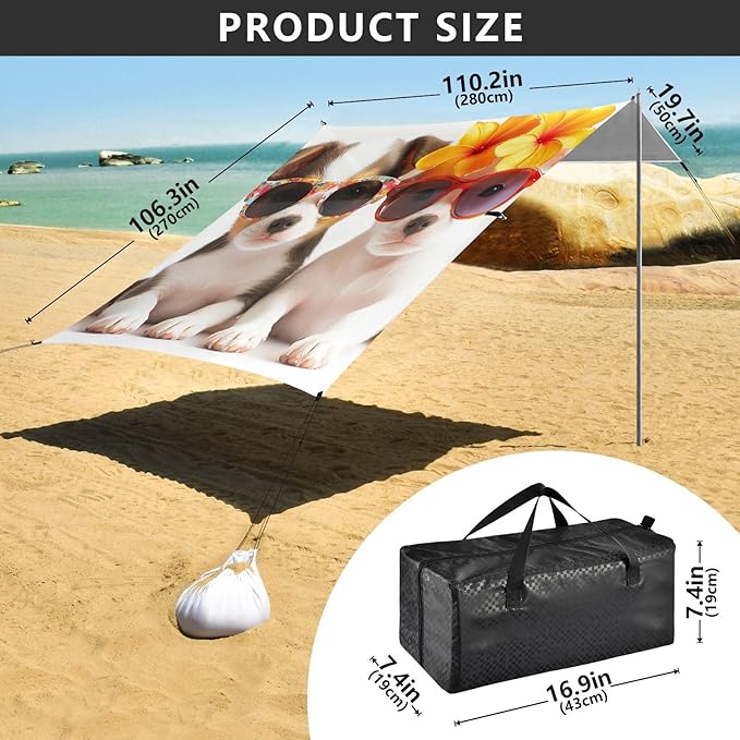 ALAZA Cute Puppy Dogs Sunglasses Flower Beach Tent Sun Shelter Portable Canopy Sunshade for Outdoor Camping Picnics Backyard Fun 10x9 ft