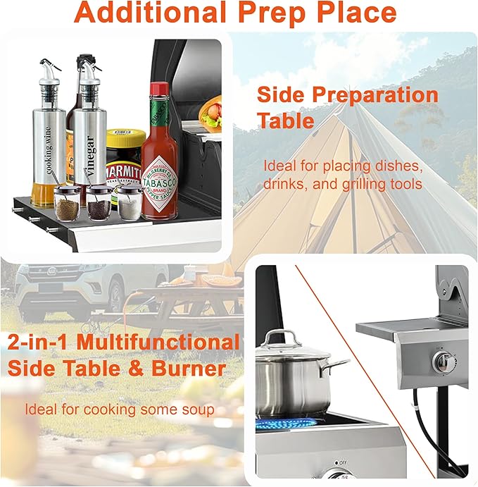 3-Burner BBQ Propane Gas Grill with Side Burner 40500 BTU Stainless Steel Patio Barbecue Grill with Storage Rack Tool Hooks &amp Bottle Opener for Camping Outdoor Cooking (Style2)