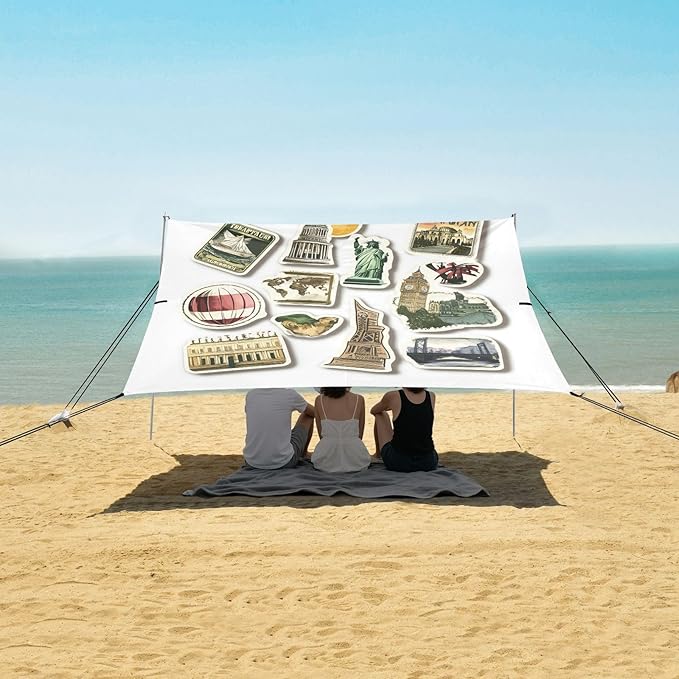 ALAZA Travel Postal Stickers Beach Tent Sun Shelter UPF50+ Protection Beach Shade Canopy w/ 4 Sandbags for Outdoor Camping Fishing Backyard Fun Picnic 10x9 ft