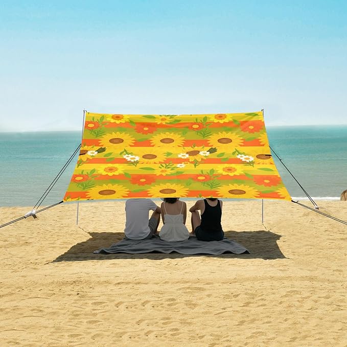 Beach Canopy with Windproof Ropes &amp Sandbags Beach Tent Sun Shade Sun Shelter for Camping Trips Fishing Backyard Fun or Picnics Sunflowers