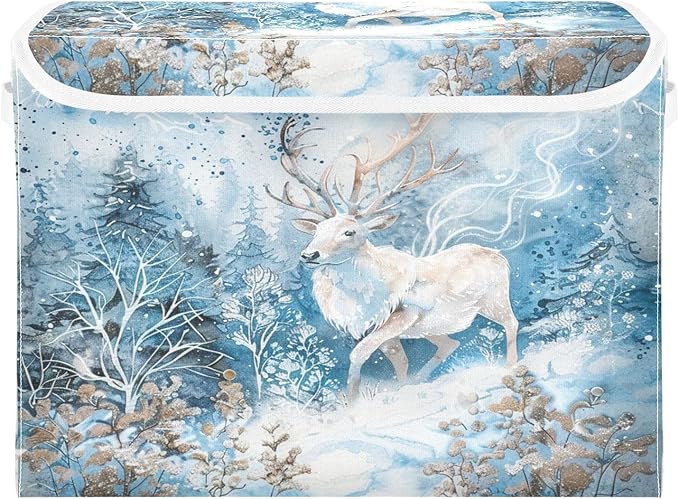 senya Winter Baskets Collapsible Storage Bins with Lids Winter White Reindeer Snow Storage Boxes Clothes Baskets for Organizing