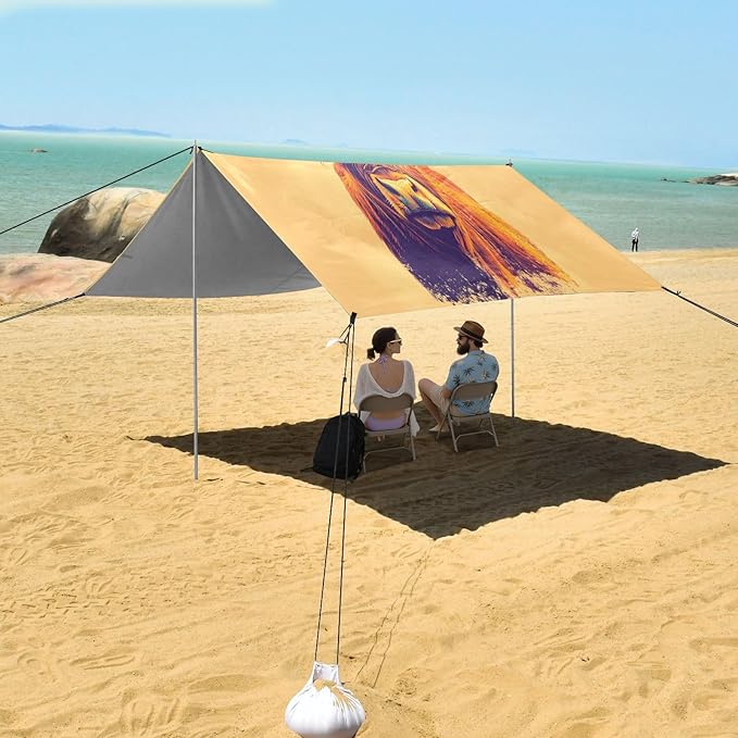 Highland Cow Orange Beach Tent Sun Shelter Set UPF50+ UV Protection 10.5 x 9.19 FT Camping Shade Canopy with Sandbags Sand Anchors Carrying Bag and Others