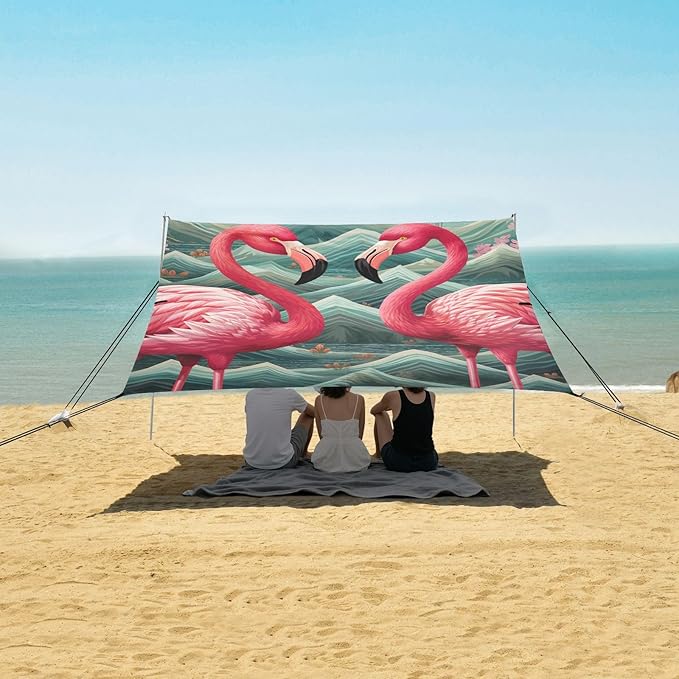 ALAZA Flamingos Pink Floral Wave Beach Tent Sun Shelter Portable Canopy Sunshade for Outdoor Camping Picnics Backyard Fun 10x9 ft