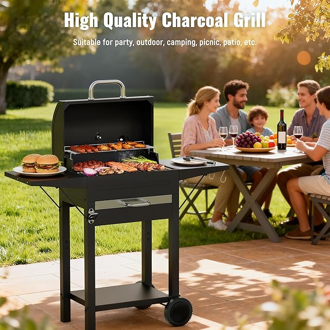 Charcoal Grills with Side Tables and Bottle Opener 20'' Smoker Barbecue BBQ Grill with 2 Wheels for Backyard Patio Camping and Parties Black
