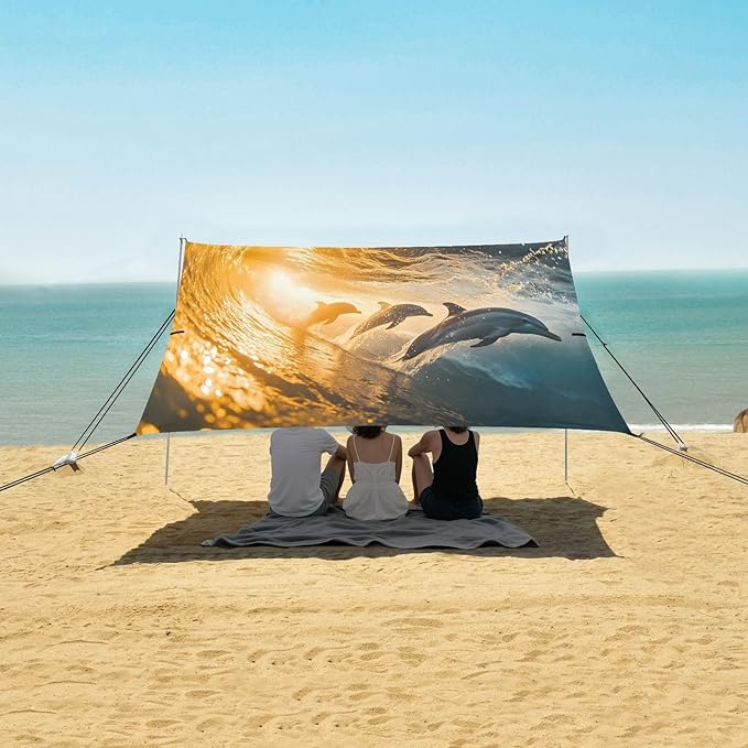 Dolphins Jumping Beach Tent Sun Shelter Set UPF50+ UV Protection 10.5 x 9.19 FT Camping Shade Canopy with Sandbags Sand Anchors Carrying Bag and Others