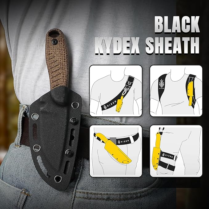 Kizer Hare Fixed Blade Knife with Sheath 3.14 D2 Steel Blade EDC Hunting Knife with Burlap Micarta and Black G10 Handle Small Survival Knives Outdoor Camping Knives for Men Women 1077M3