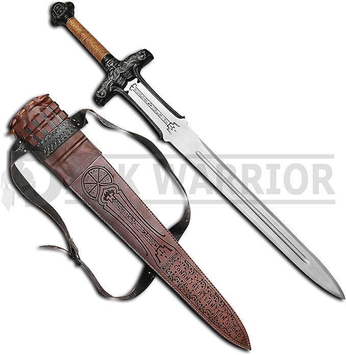 Conan Sword Handmade Conan Atlantean Sword 1095 Carbon Steel Brass Fittings Brown with Leather Sheath Viking sword - dark- conan sword real viking (Conan Atlantean Sword(BLACK))