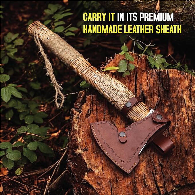 20 Handmade Carbon Steel Viking Axe with Hand Craved Ash Wood Shaft Viking Camping Axe &amp Hatchet. Beautiful Gift for Father Brother and for Him or Her (Medieval Axe)