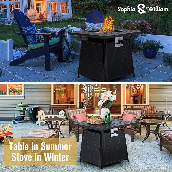 Sophia &amp William Gas Fire Pit Table 28 Inch 50000BTU Square Outdoor Propane FirePits 2 in 1 Auto-Ignition Patio Fireplace for Outside with Lid and Blue Fire Glass Black