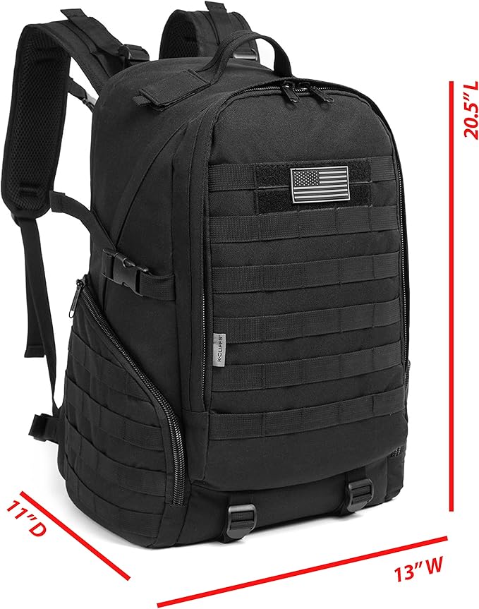 Tactical Travel Backpack Heavy Duty Hiking Laptop Daypack Durable Quality Military Molle Army Lockable Assault Pack Large Student Bookbag Outdoor Traveling Rucksack Black