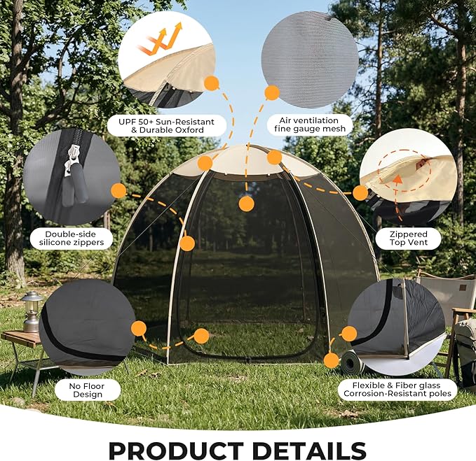 Alvantor® Pop Up Screen House Tent Snap-fit Mesh Screen Gazebo with Peaked Roof Portable Screen Room Canopy Shelter with Sandbags for Camping Backyard Picnic