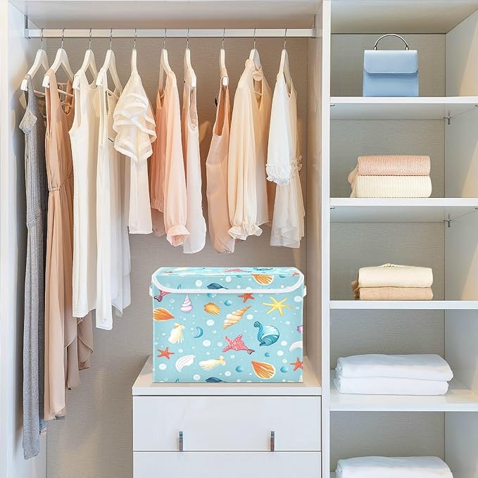 Storage Bins With Lid Stackable Fabric Closet Organizer Clothing Storage Large Boxes For Closet Shelves Bedroom Blue Marine Icons