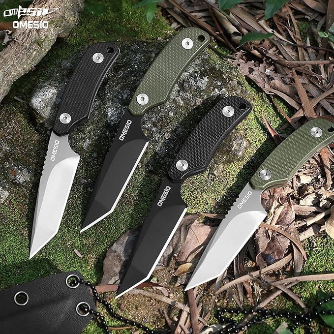 Omesio Neck Knife Small Tanto Fixed Blade with Kydex Sheath and Clip Full Tang 6 Necklace Mini Tactical EDC Knife - D2 Steel G10 Handle (Black Steel + Black Handle)