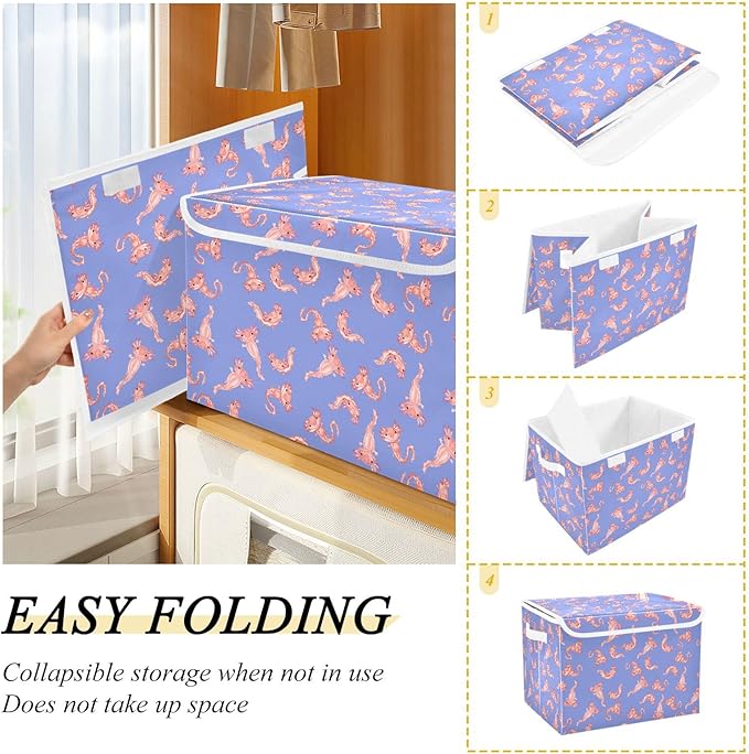 Cute Axolotl Salamander Lidded Home Storage Bins Closet Storage Bins Foldable Oxford Fabric Storage Box for Home Bedroom Closet Office (16.5x12.6x11.8 in)