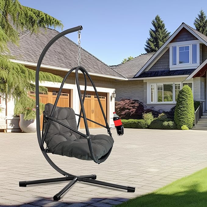 Rattan Egg Hanging Chair with Stand for Indoor and Outdoor Relaxation Featuring Removable Safety Rail Convenient Cup Holder and Comfortable Cushion Set for Lounging in Garden Patio Living Space