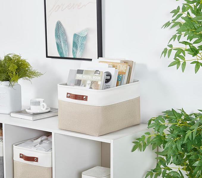 DECOMOMO Storage Baskets for Shelves - Fabric Storage Bins Linen Closet Organizers and Storage (Beige &amp White Large - 4 Pack)