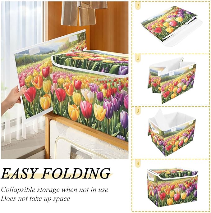 Cartoon Tulips Collapsible Storage Bins with Lids Decorative Fabric Cubes Closet Organizer Basket Boxes Containers for Clothes Box Chest Folding Rectangle