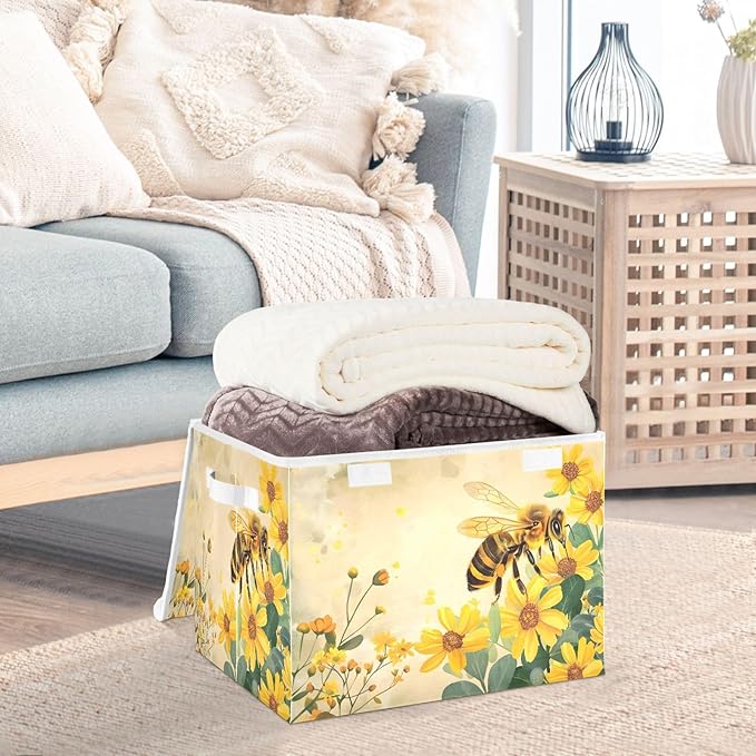 MNSRUU Containers Baskets with Lids Honey Bee Foldable Storage Bins Organizer with Lid Collapsible Storage Boxes for Home Bedroom Closet Office