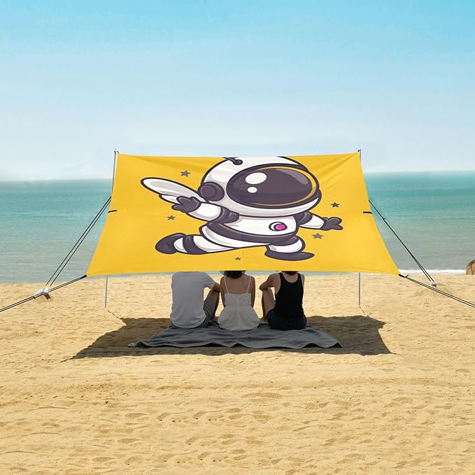 ALAZA Cute Bee Astronaut Cartoon Beach Tent Sun Shelter UPF50+ Protection Beach Shade Canopy w/ 4 Sandbags for Outdoor Camping Fishing Backyard Fun Picnic 10x9 ft