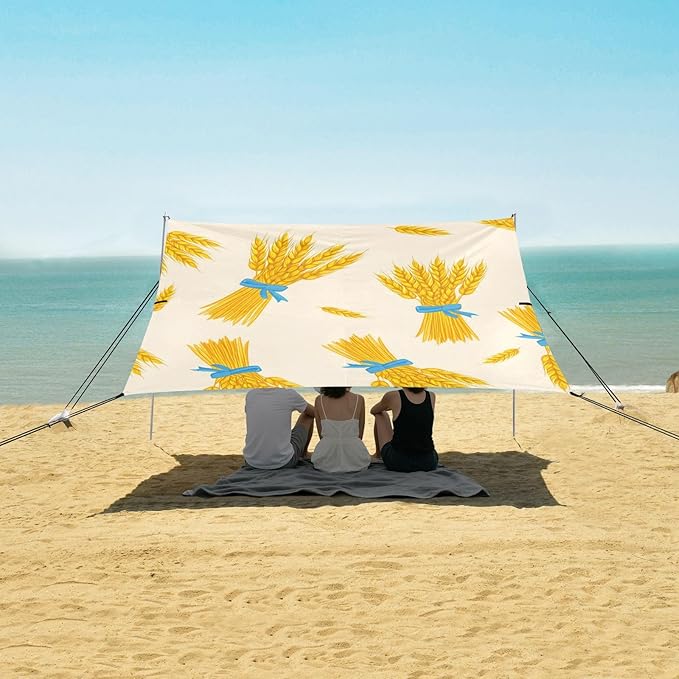 Beach Canopy with Windproof Ropes &amp Sandbags Beach Tent Sun Shade Sun Shelter for Camping Trips Fishing Backyard Fun or Picnics Wheat Pattern