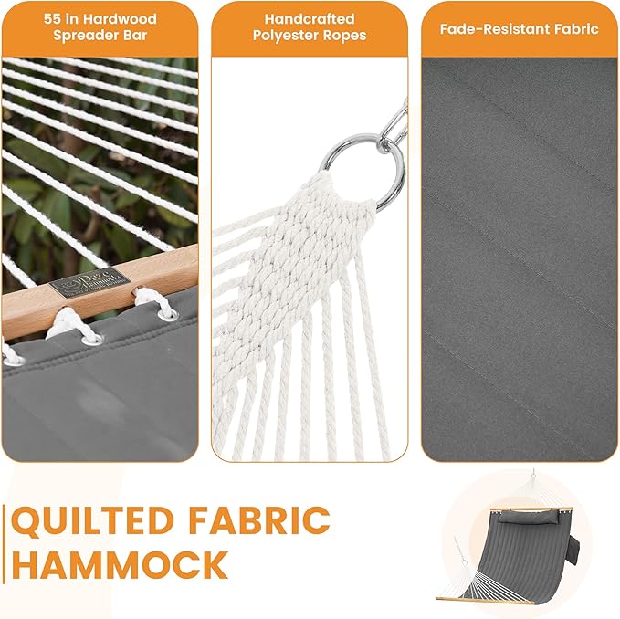 Lazy Daze Hammocks 2 Person Double Quilted Fabric Hammock with Spreader Bar Detachable Pillow Side Pocket Carabiners Chains Straps for Outdoor 450lbs Capacity Grey