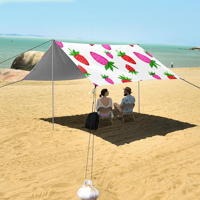 xigua Strawberry Beach Tent Sun Shelter with Carrying Bag - Silver Coated Oxford Fabric Beach Canopy for Beach Camping Fishing - Includes Windproof Ropes Sandbags &amp Stakes