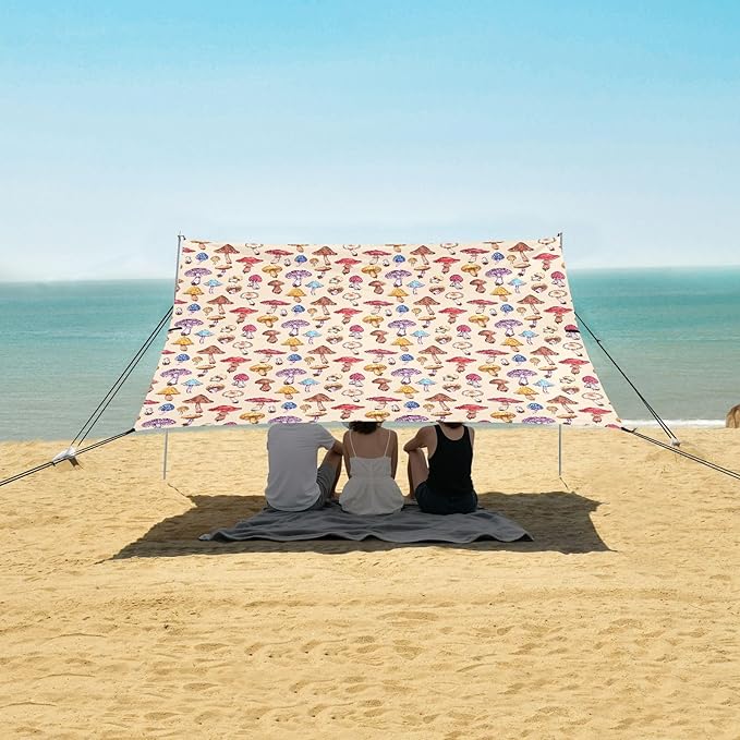 ALAZA Mushroom Rainbow Color Beach Tent Sun Shelter UPF50+ Protection Beach Shade Canopy w/ 4 Sandbags for Outdoor Camping Fishing Backyard Fun Picnic 10x9 ft