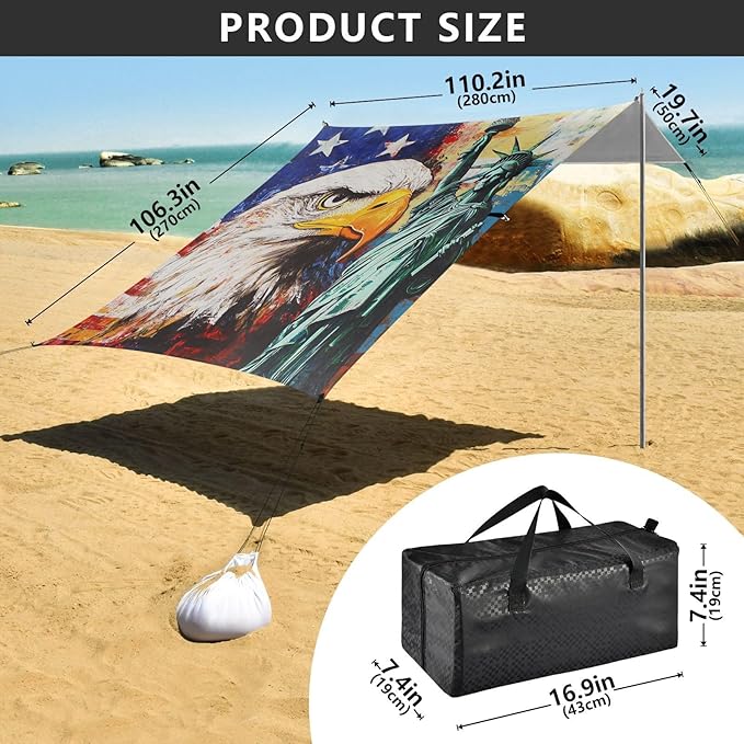 ALAZA 4th of July Eagles Statue of Liberty Beach Tent Sun Shelter Portable Canopy Sunshade for Outdoor Camping Picnics Backyard Fun 10x9 ft