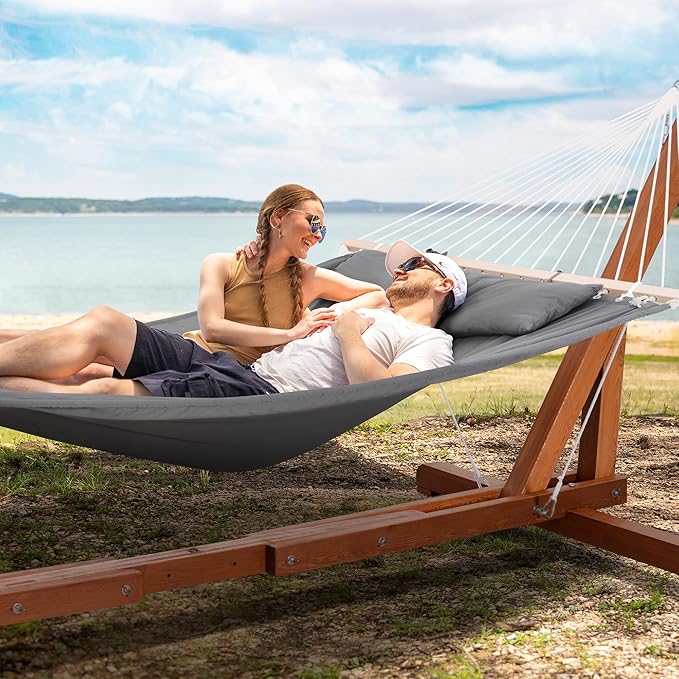 SUNCREAT Hammocks Double Hammock with Adjustable Wooden Stand Included Outdoor Hammocks for Outside 475 lbs Capacity Dark Gray