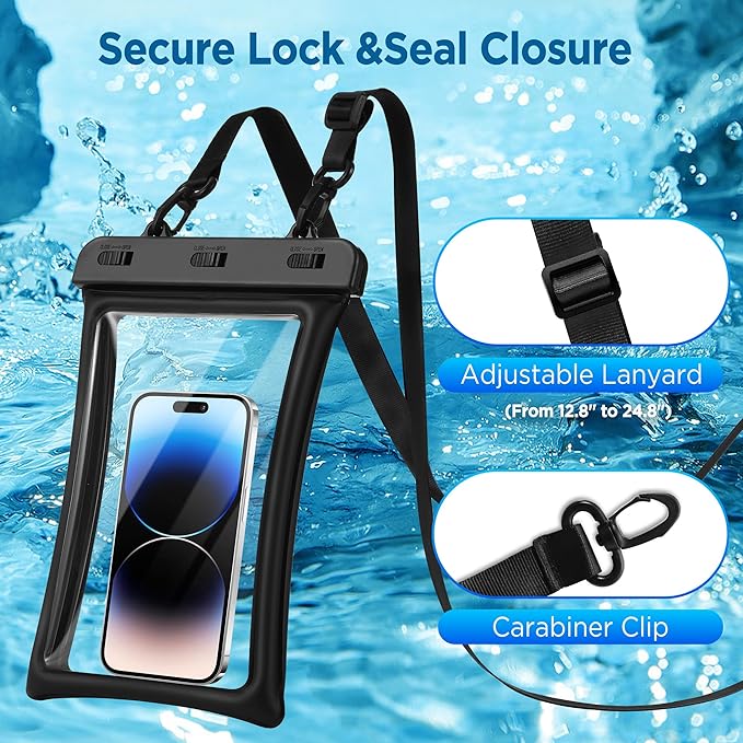 CACOE [Floatable Floating Universal IPX8 Waterproof Phone case 2 Pack-Up to 10.0Adjustable Lanyard Phone PouchCellphone Dry Bags for Vacation Beach Pool Kayak Cruise Travel Essentials（Black+Black）