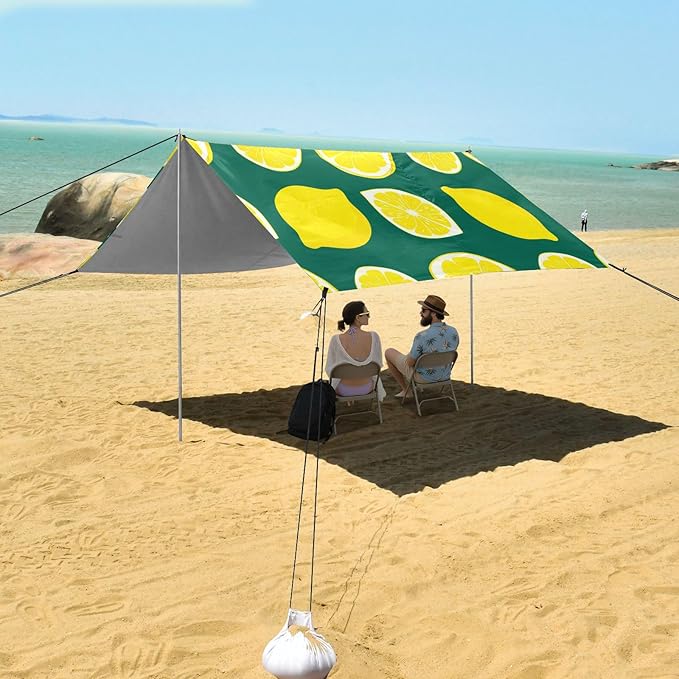 Beach Canopy with Windproof Ropes &amp Sandbags Beach Tent Sun Shade Sun Shelter for Camping Trips Fishing Backyard Fun or Picnics Lemon