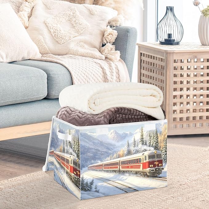 Storage Cube with Lid Snow Train Print 16.5×12.6×11.8 IN Collapsible Large Capacity Foldable Storage Basket Bin Organizer